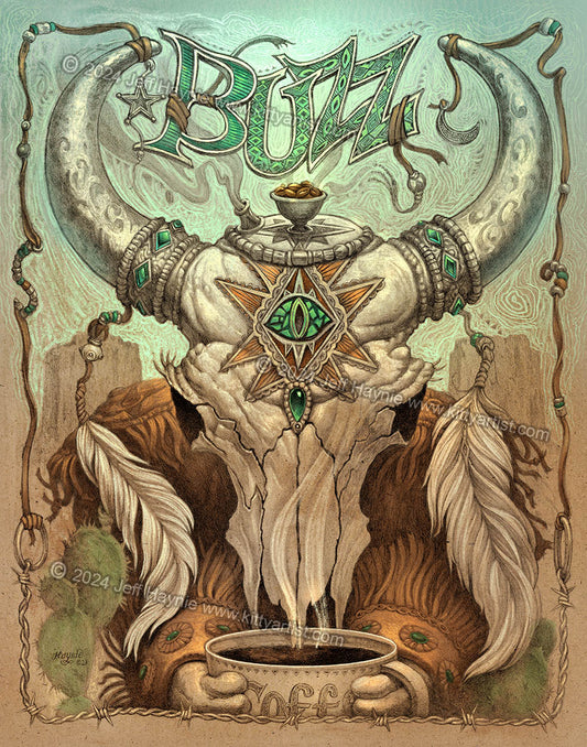 Art Print, Buzz Coffee Skull