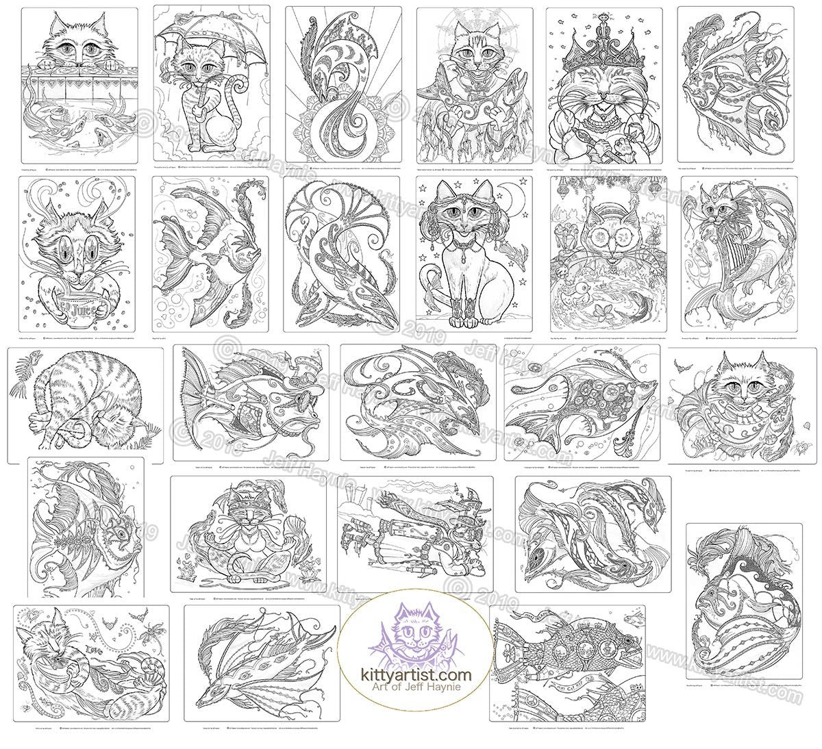 Digital Download, Fancy Fish & Fabulous Felines, Line Art, Adult Coloring Book, Fish Art, Cat Art
