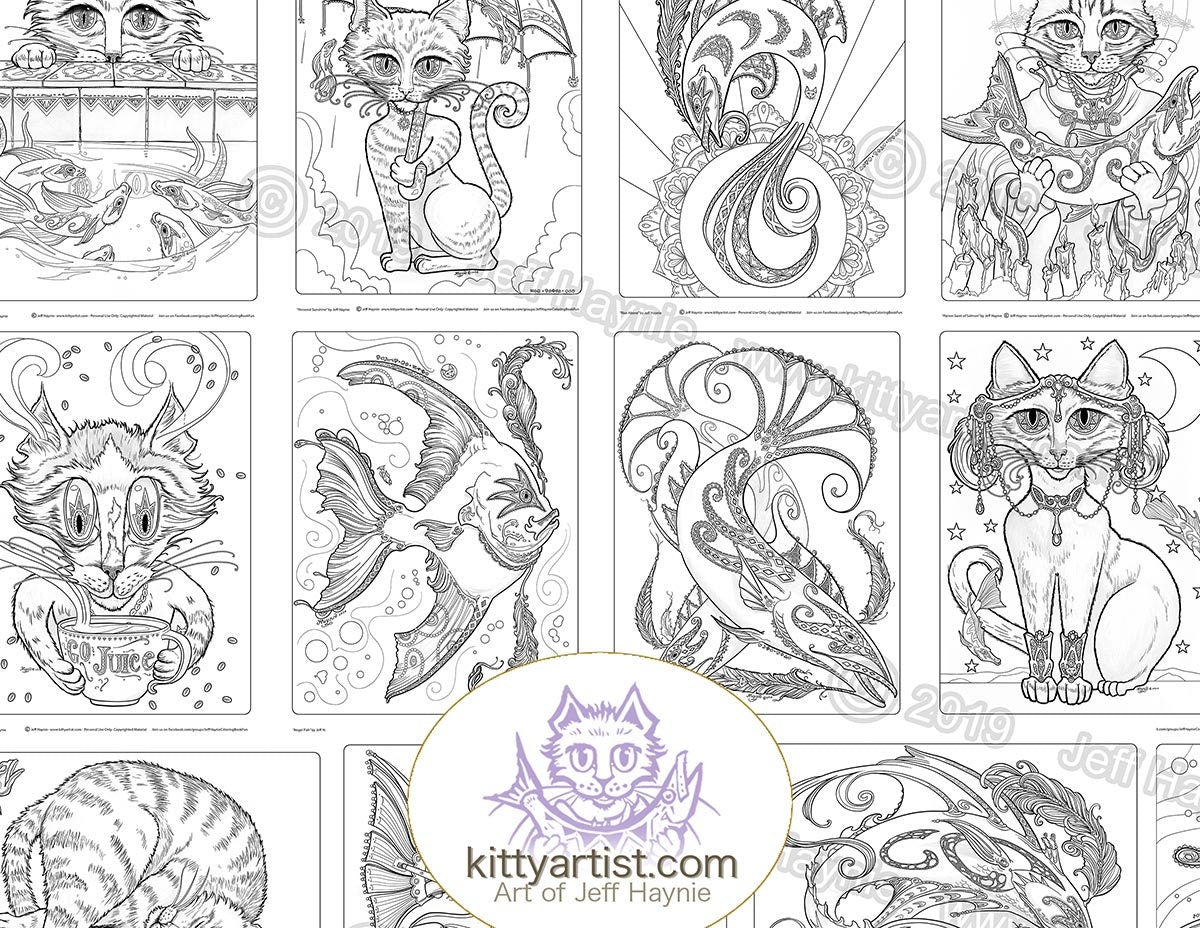 Digital Download, Fancy Fish & Fabulous Felines, Line Art, Adult Coloring Book, Fish Art, Cat Art