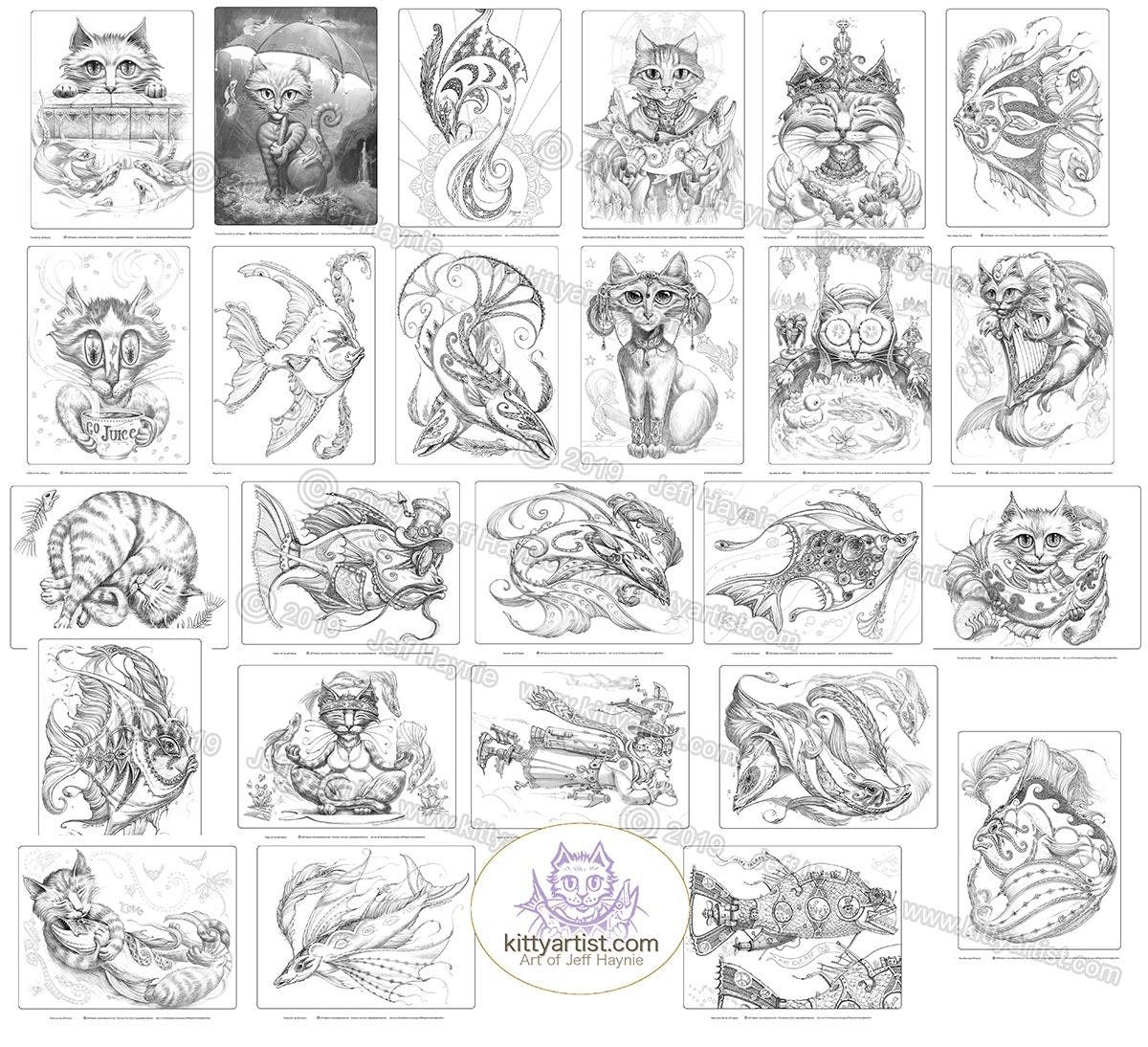 Digital Download, A Coloring Book, Fancy Fish & Fabulous Felines, GRAYSCALE VERSION