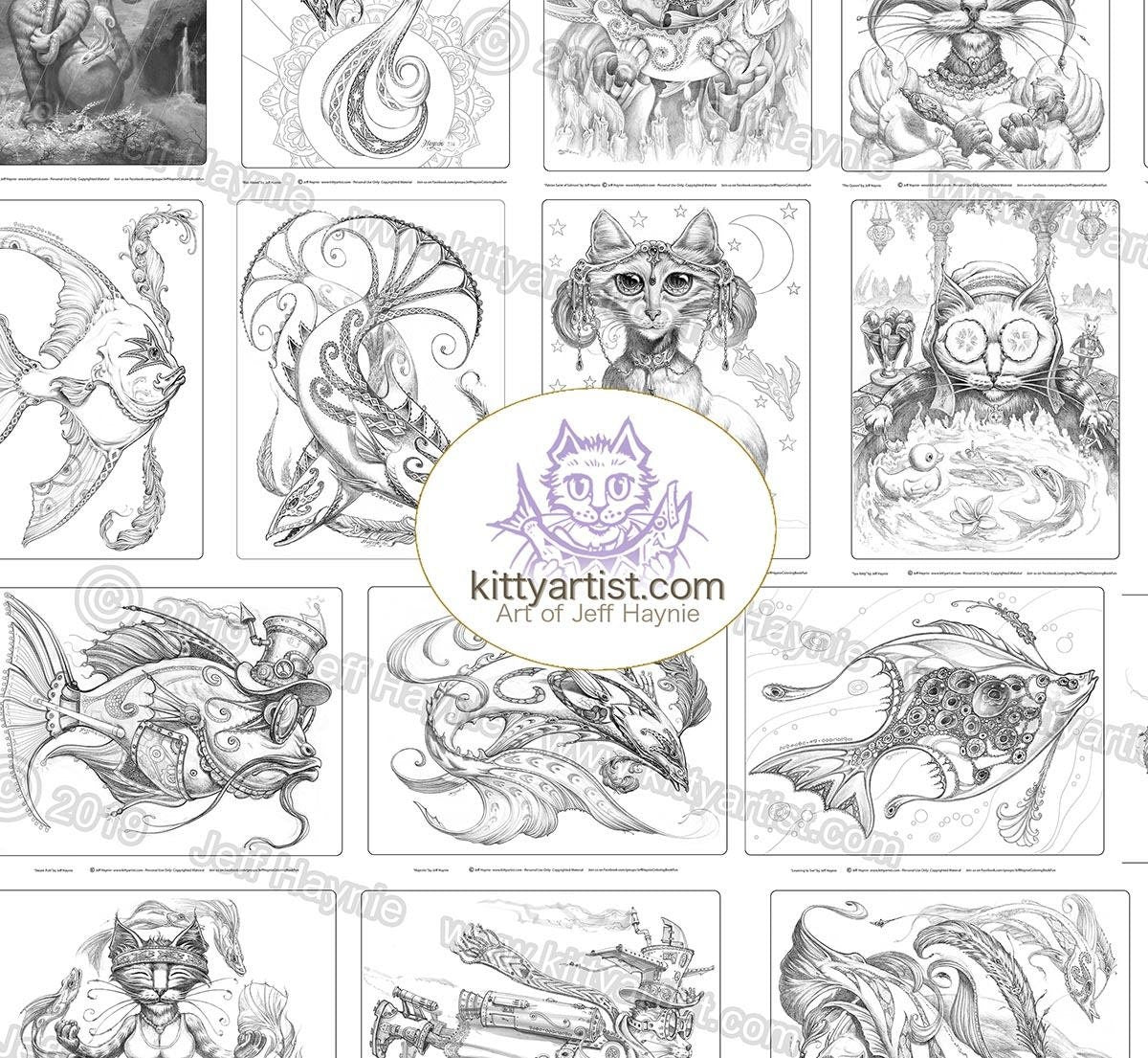 Digital Download, A Coloring Book, Fancy Fish & Fabulous Felines, GRAYSCALE VERSION