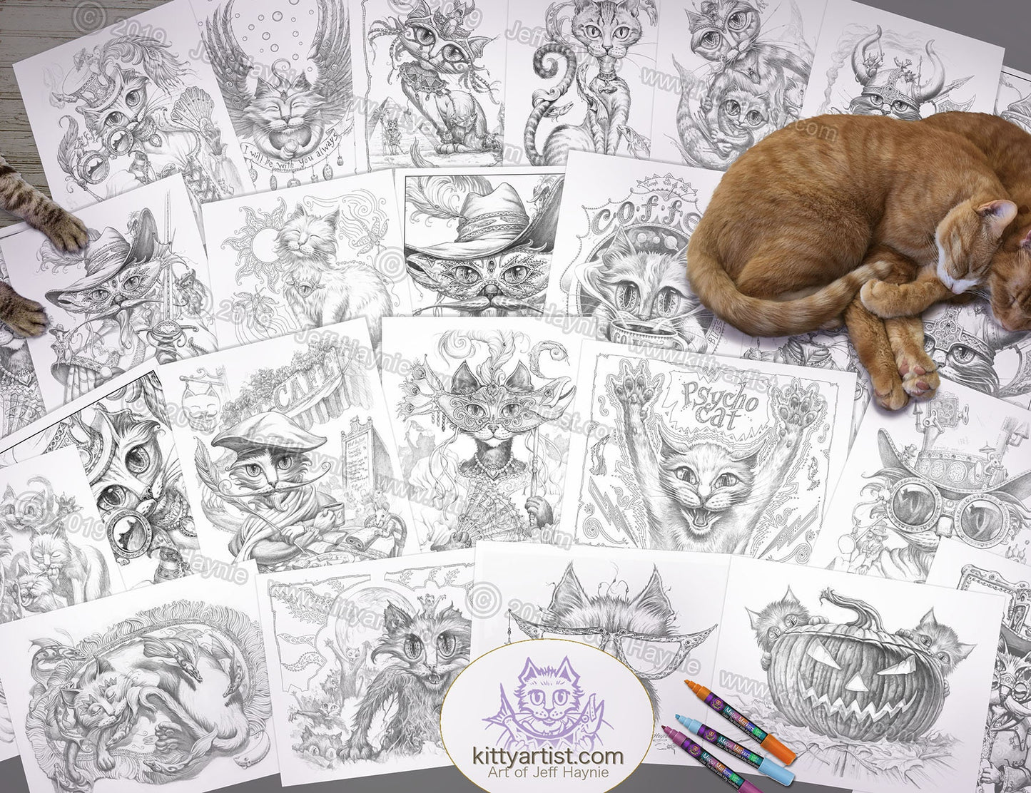 Digital Download, Whimsical Fantasy Cats Coloring Book - GRAYSCALE VERSION