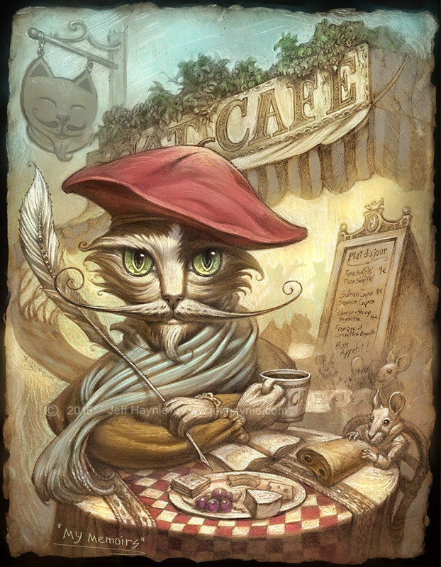 Art Print, Writing my memoirs, Paris Cat