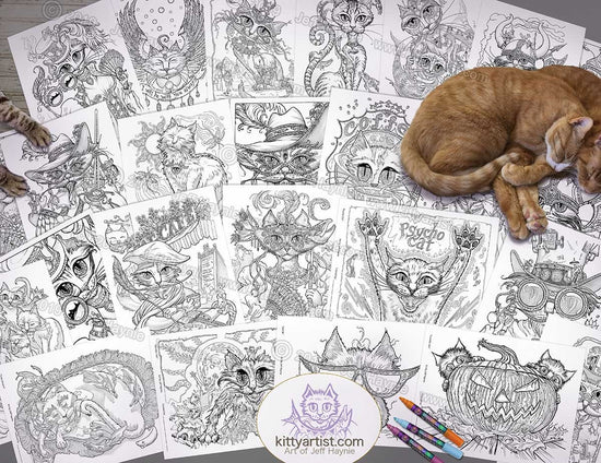 Digital Download, Whimsical Fantasy Cats Coloring Book - Lineart coloring,Adult Coloring Books,PDF Download,Printable pages,Coloring Book PDF,Cats Coloring