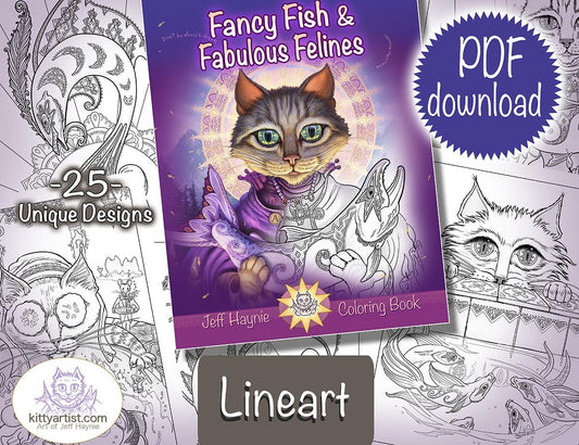 Digital Download, Fancy Fish & Fabulous Felines, Line Art, Adult Coloring Book, Fish Art, Cat Art