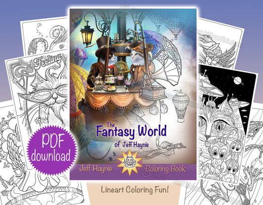 Digital Download, The Fantasy World of Jeff Haynie Coloring Book,Lineart coloring,Adult Coloring Books,PDF Download,Printable pages,Coloring Book PDF,Cats
